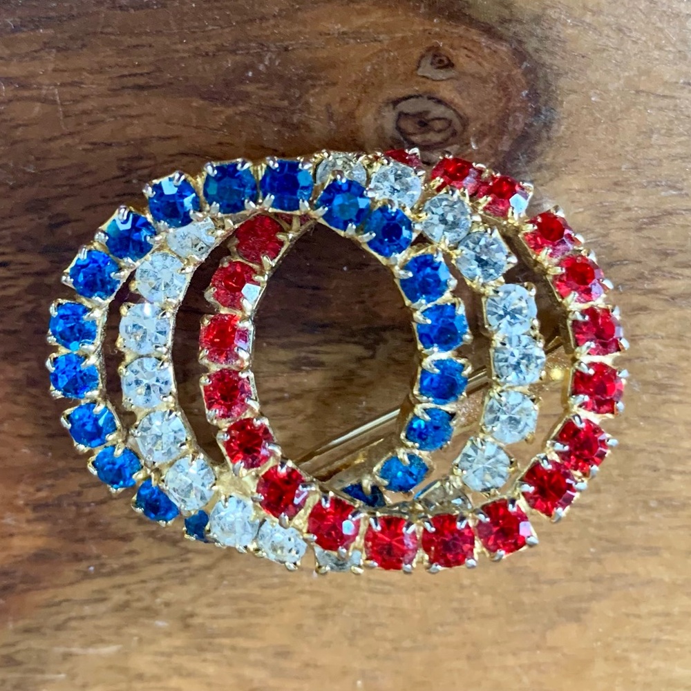 Vintage Rhinestone Red White & Blue Patriotic Olympic Tri Circle Pendant